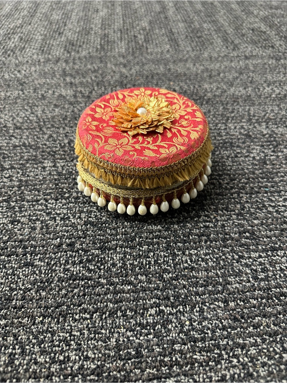 Red Round Fabric Trinket Box with Gold Floral Top & Beaded Trim